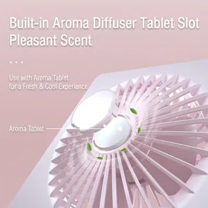 Pink portable desktop USB fan featuring an integrated aromatherapy tablet slot and radial grill