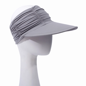 Detail of grey sun visor with elastic pleated headband and wide brim for outdoor sun protection