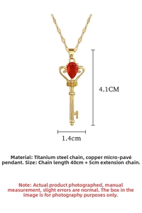 Detailed view of gold crown key pendant with red stone and titanium steel chain dimensions