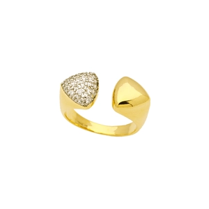 Macro view of bicolor heart ring featuring pavé cubic zirconia and polished gold finish
