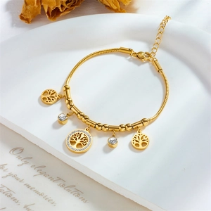 Golden Tree of Life charm bracelet with sparkling crystals and adjustable snake chain