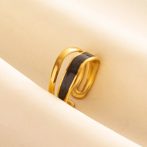Retro 304 stainless steel open ring with black and white enamel in gold finish