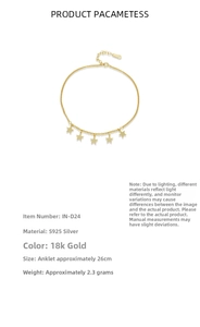 Detail of 925 sterling silver anklet with 18K gold plating and five-pointed star charms