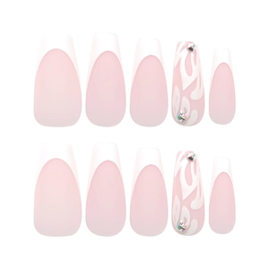 French medium-long coffin press-on nails with white floral patterns and rhinestones