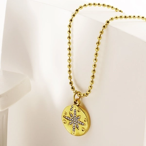 Stainless Steel Starburst Pendant Necklace With Rhinestones Gold Silver Round Disc Necklace For Women Fashion Jewelry