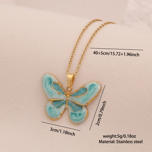 Detail of stainless steel necklace with turquoise butterfly pendant and size dimensions