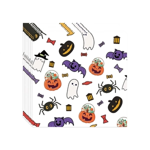 Detail of square Halloween napkins featuring cute ghosts, pumpkins, and bats patterns