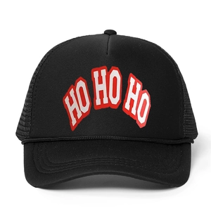 Adjustable black Christmas trucker hat featuring a festive HO HO HO print with breathable mesh