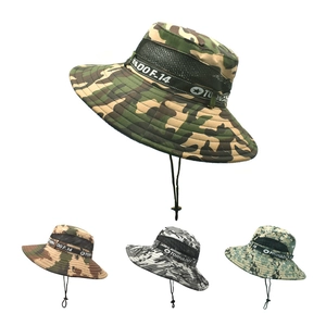Wide Brim Camouflage Boonie Hat Polyester Mesh Breathable Outdoor Fishing Hiking Sun Hat With Adjustable Chin Strap