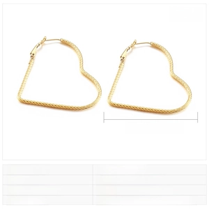 Detailed specs of gold heart hoop earrings showing size 50x47x2mm in stainless steel
