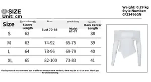 Detailed size chart for the off-the-shoulder long sleeve top with specific measurements