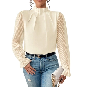 Elegant cream semi-high neck blouse with wave pattern chiffon long sleeves for women