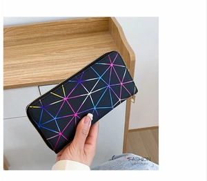 Detail of neon geometric patterns on long black wallet with fashion lady's purse text