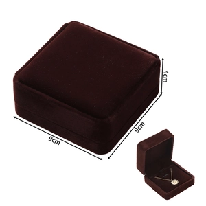Detail of dark brown velvet jewelry box showing internal lining and 9x9x4cm dimensions