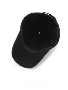 Detail view of the black winter baseball cap inner lining and ear protection structure