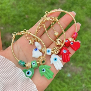 18K gold plated evil eye and hamsa hand beaded chain bracelets in green, white and red