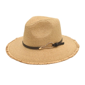 Unisex straw sun hat with brown leather band, gold buckle and frayed edges on white background