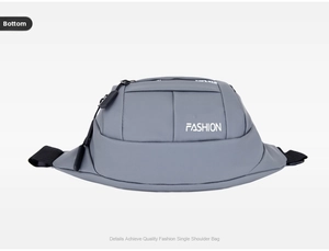 Detailed bottom view of gray waterproof waist bag showing durable nylon material and stitching