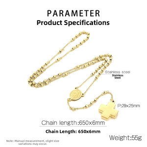 Detailed specs of golden stainless steel rosary necklace with cross and medal pendant