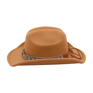 Detail of camel felt cowboy hat with ethnic patterned ribbon and brown leather strap