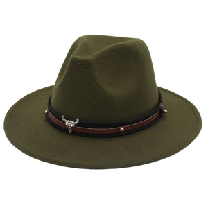 Western Cowboy Fedora Hat Wide Brim Woolen Felt With Cow Skull Metal Buckle Studded Leather Belt For Men Women