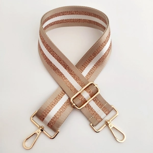 Adjustable 5cm wide striped shoulder strap with gold threads and metal lobster clasps