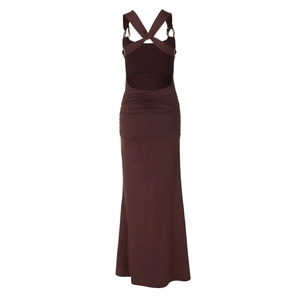Detail of cross halter neck with metal buckles and ruched back on brown maxi dress