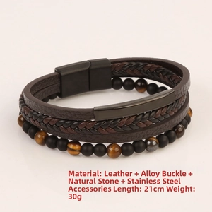 Detail view of multi-layer leather bracelet with tiger eye stones and magnetic clasp
