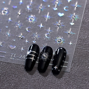 Autocollants laser argent lune et étoile pour manucure 3D pailletée de style luxe
