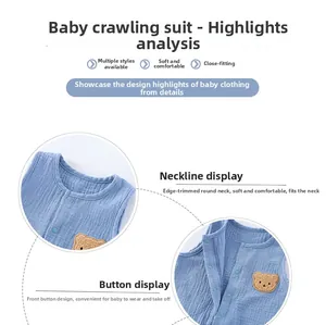 Detail of baby gauze romper showing snap button closure and cute bear embroidery patch