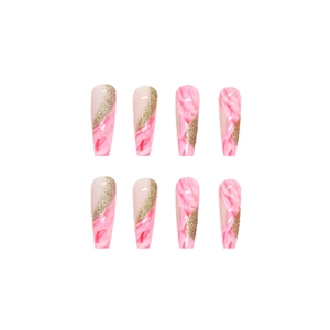 Pink marble and gold glitter long coffin press-on nails set on white background