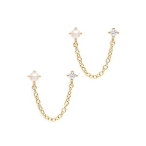 Detail of S925 silver gold chain earrings featuring round pearls and zircon stones
