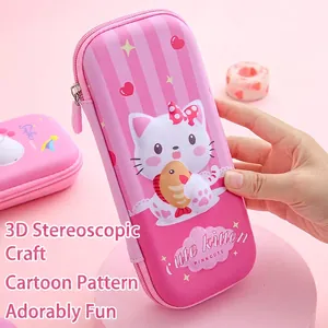 Handheld 3D cute kitten EVA pencil case for kids featuring pink stripes and embossed cat