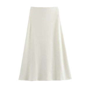 Detail of a white knitted midi skirt with an A-line cut and fine fabric texture on white