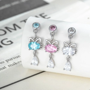 Cat Stud Earrings Titanium Steel Copper Cubic Zirconia Water Drop Pendant Sweet Animal Piercing Jewelry Screw Back For Women