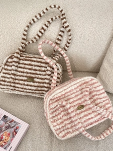 Plush Striped Shoulder Bag Faux Fur Handbag Zipper Large Capacity Winter Warm Tote For Women