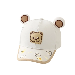 Toddler cotton baseball cap with 3D bear ears and cute cartoon patch in cream white color