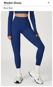 Detail of high-waist navy blue compression yoga set with matte elastic fabric