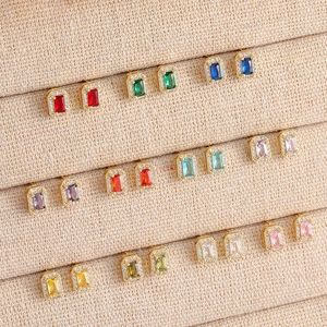 Sparkling square zircon earrings in multiple colors with micro-paved silver studs