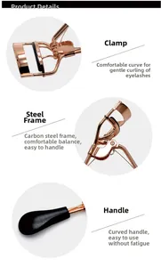 Detail view of the rose gold carbon steel eyelash curler with ergonomic black handle