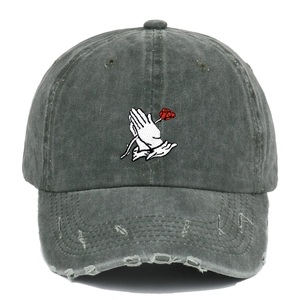 Vintage washed dark grey baseball cap with rose embroidery and distressed brim detail