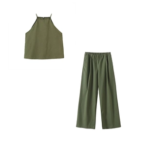 Women Halter Neck Sleeveless Top And Wide Leg Pants Solid Color Breathable Linen Cotton Blend Casual Vacation Summer