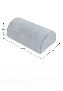 Detailed view of grey velvet half-round jewelry display stand with dimensions 21x12x8cm