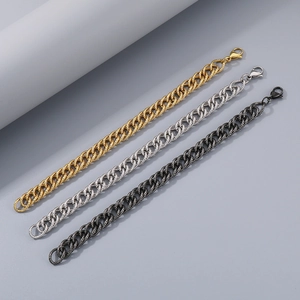 Detailed view of woven curb chains in gold, silver, and black finishes with lobster clasps