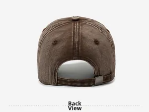 Detail view of the washed cotton fabric and adjustable metal buckle on back of cap