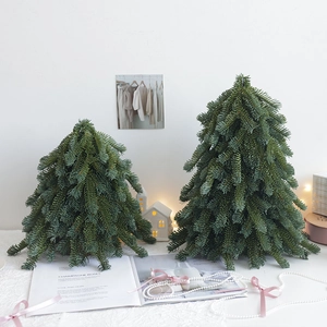 Artificial Mini Christmas Tree PE Realistic Pine Needle Desktop Decoration LED Lights Pink Ribbon Holiday Ornament