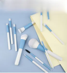 Flat lay of 12 pieces blue and white makeup brush set with soft gradient bristles