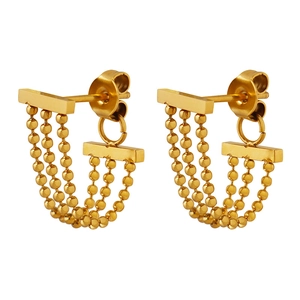 Elegant gold-tone triple strand beaded fringe drop earrings in polished titanium steel