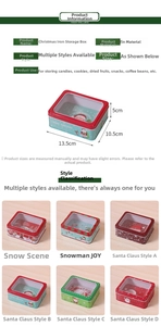 Detailed size specifications and various festive designs for Christmas tin storage boxes