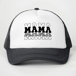 Classic black and white trucker hat for men and women featuring stylish MAMA print design